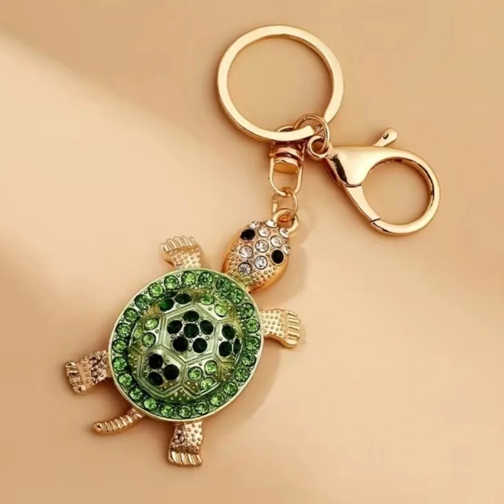 Green and Gold Tone Sea Turtle Tortoise Rhinestone Keychain Bag Charm Pendent